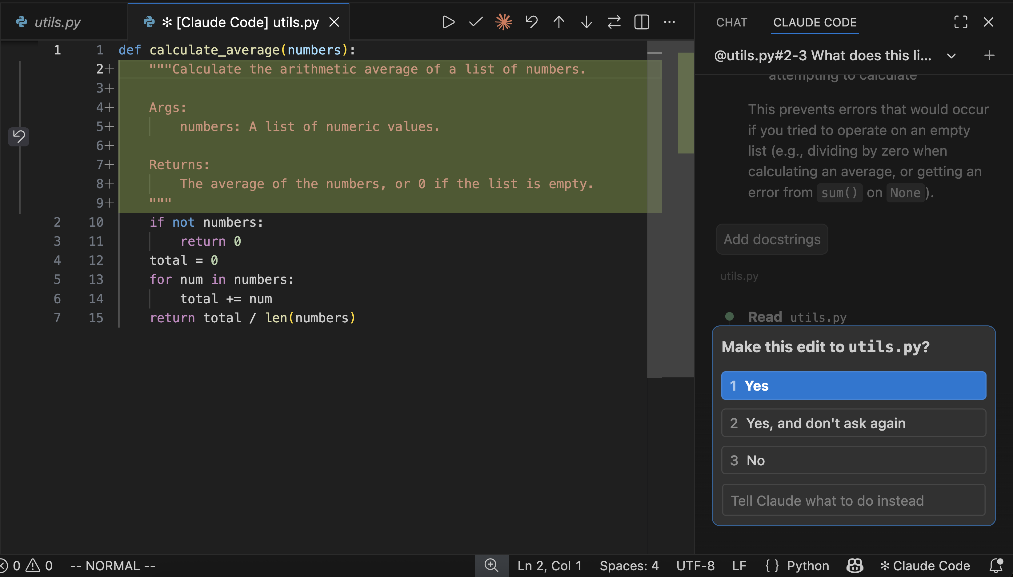 VS Code showing a diff of Claude's proposed changes with a permission prompt asking whether to make the edit