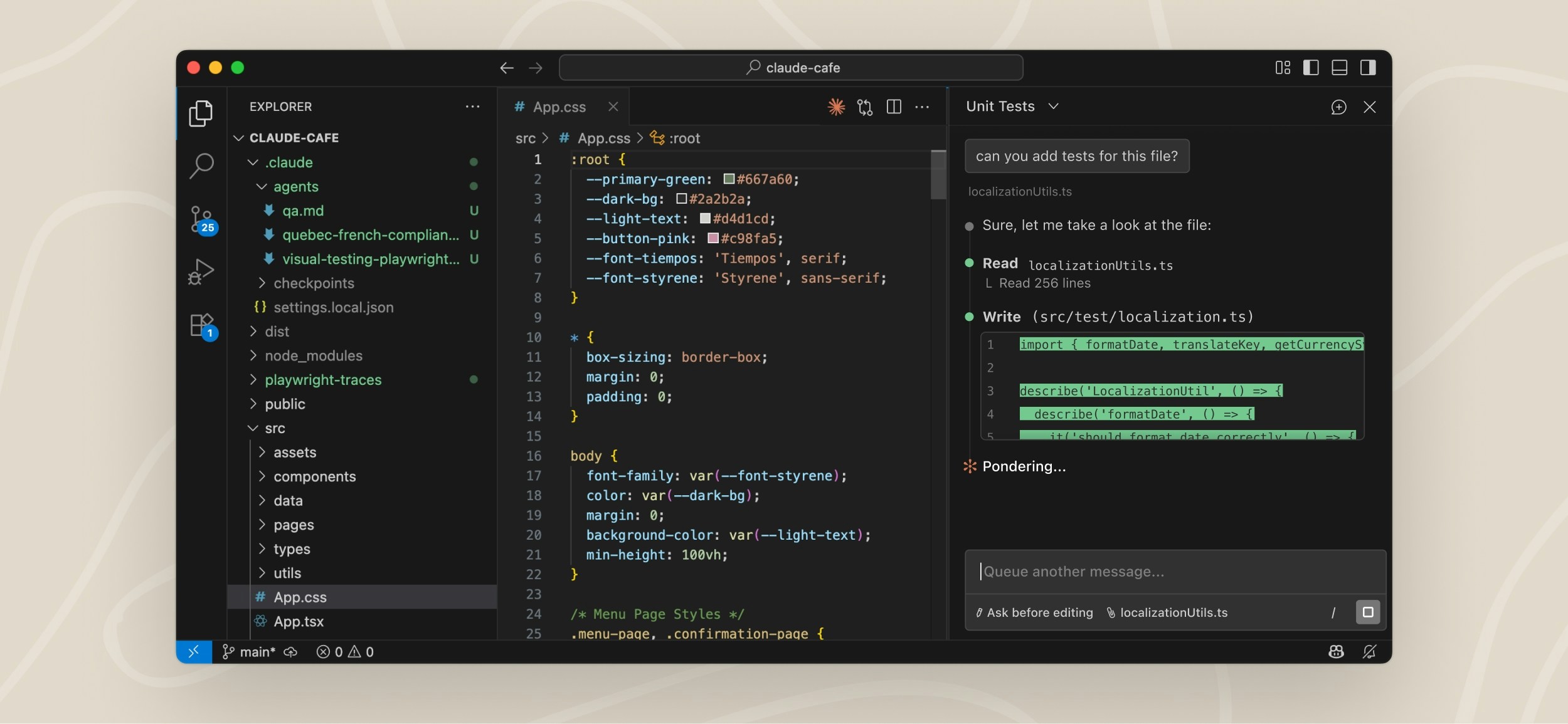 VS Code with the Claude Code extension panel open on the right side, showing a conversation with Claude
