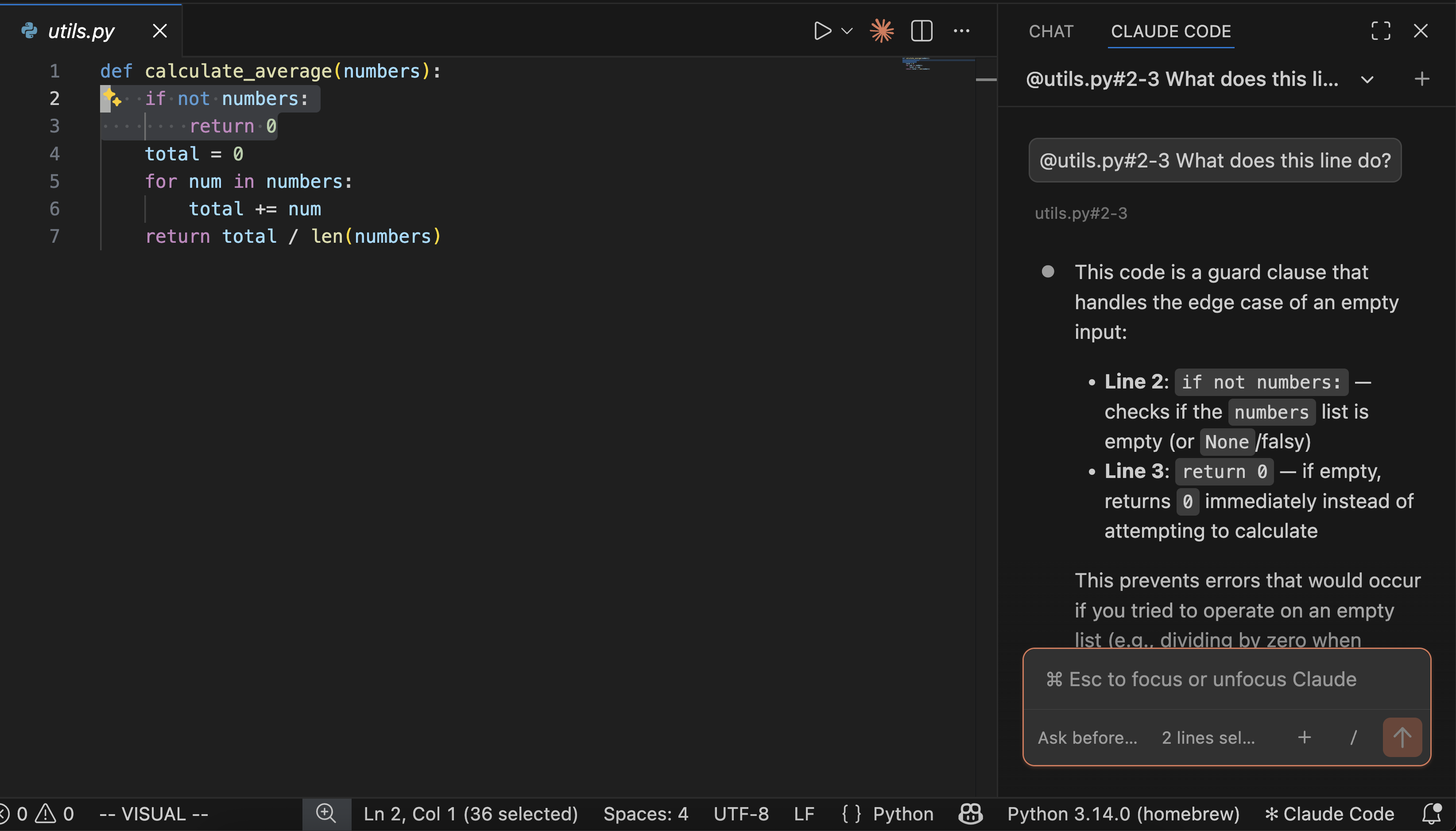 VS Code with a Python file selection on the left and Claude Code asking a question about those specific lines on the right
