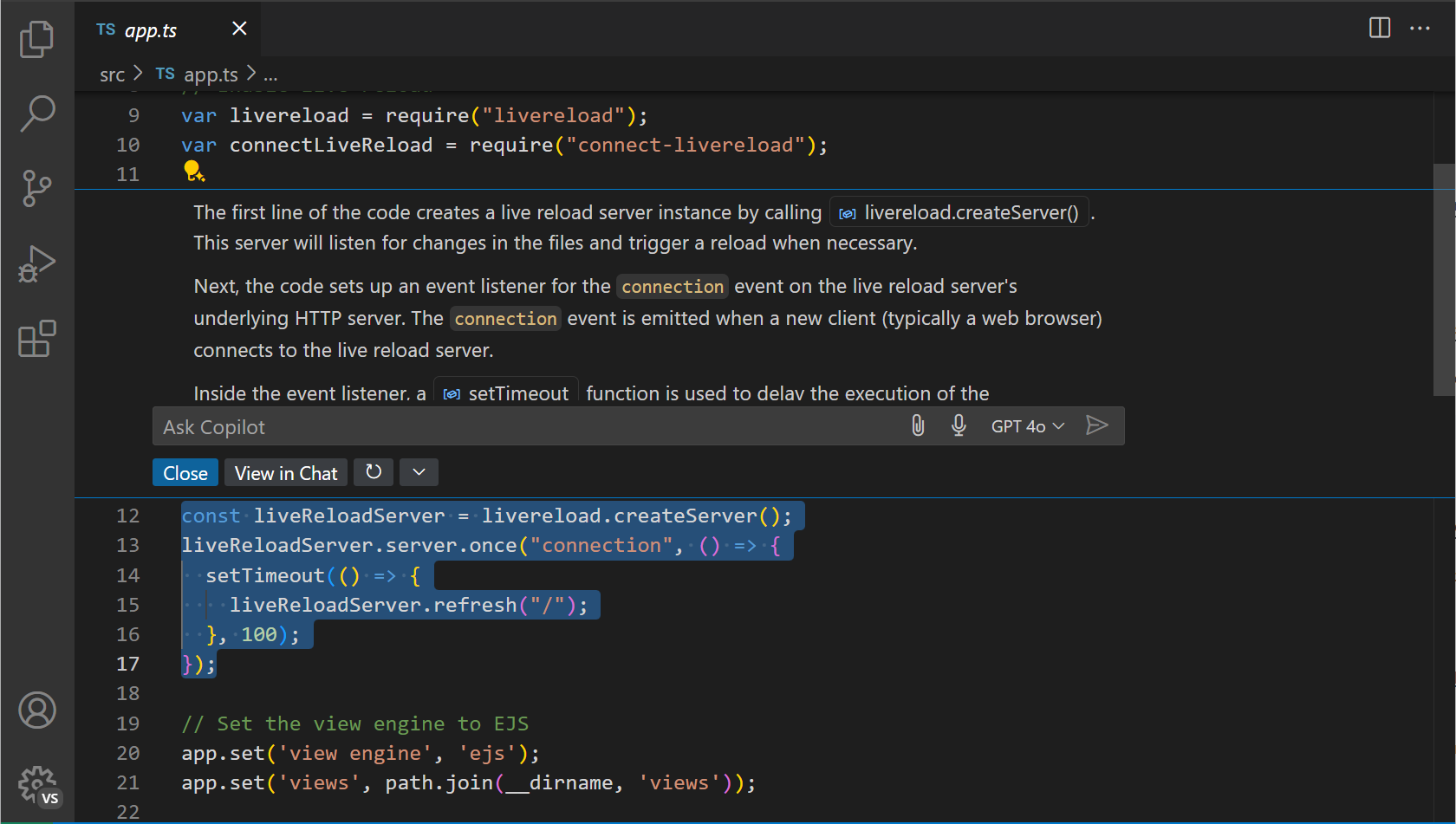 GitHub Copilot Chat inline-chat prompt example showing a question being asked directly in the editor