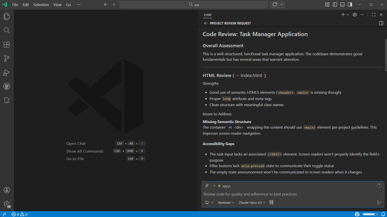 GitHub Copilot Chat custom reviewer mode interface showing an agent-style review of code changes