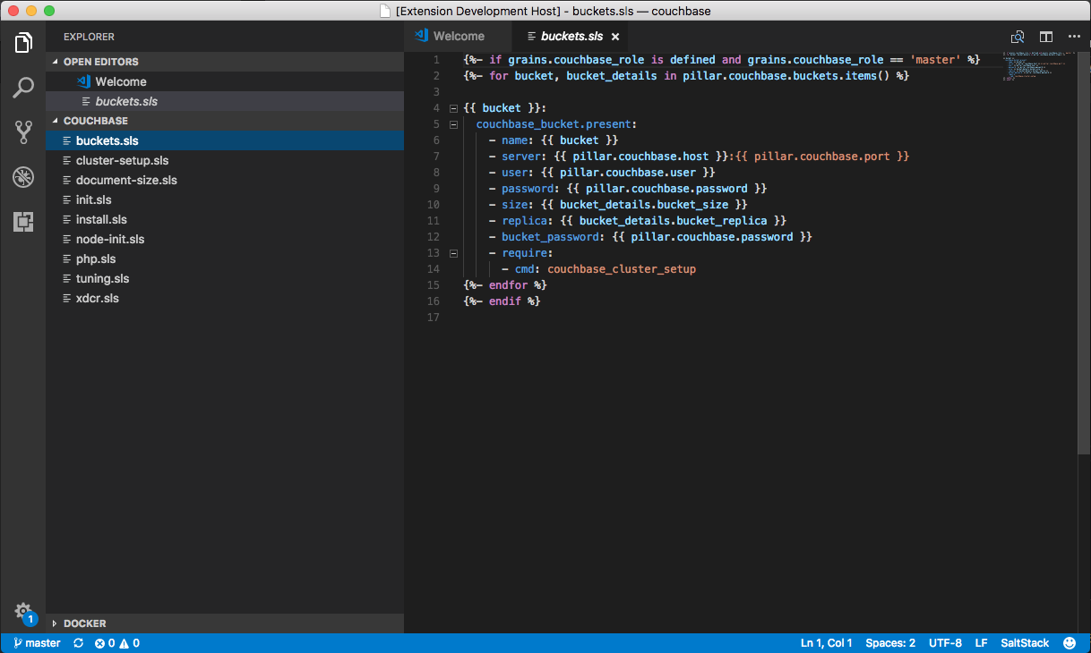 SaltStack VSCode extension showing YAML + Jinja2 syntax highlighting on a Salt state file